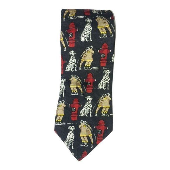 Ralph Marlin VINTAGE Mens Red/Black "Firemen, Dogs & Hydrants" Tie - Picture 1 of 3